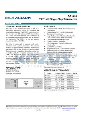 DS2155LN datasheet - T1/E1/J1 Single-Chip Transceiver