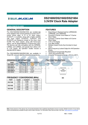 DS21602N datasheet - 3.3V/5V Clock Rate Adapter