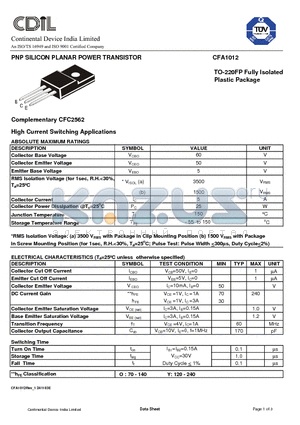 CFA1012 datasheet - PNP SILICON PLANAR POWER TRANSISTOR