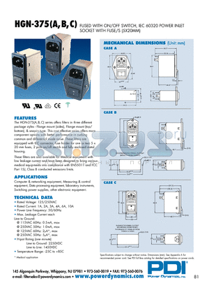 HGN-375B01Q-35-1M1 datasheet - FUSED WITH ON/OFF SWITCH, IEC 60320 POWER INLET SOCKET WITH FUSE/S (5X20MM)