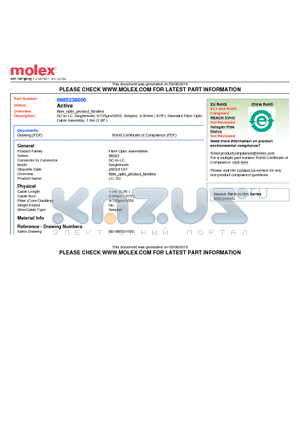 885238000 datasheet - SC-to-LC, Singlemode, 9/125lm/G652, Simplex, 2.00mm (.079), Standard Fiber Optic Cable Assembly, 1.0m (3.28)