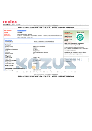 885238300 datasheet - LC-to-LC, Singlemode, 9/125lm/G652, Simplex, 2.00mm (.079), Standard Fiber Optic Cable Assembly, 1.0m (3.28)