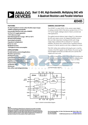 AD5405YCP datasheet - Dual 12-Bit, High Bandwidth, Multiplying DAC with 4-Quadrant Resistors and Parallel Interface