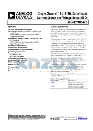 AD5412 datasheet - Single Channel, 12-/16-Bit, Serial Input, Current Source and Voltage Output DACs