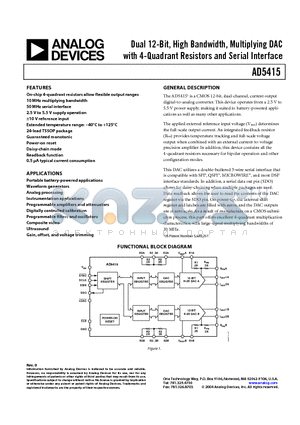 AD5415 datasheet - Dual 12-Bit, High Bandwidth, Multiplying DAC with 4-Quadrant Resistors and Serial Interface