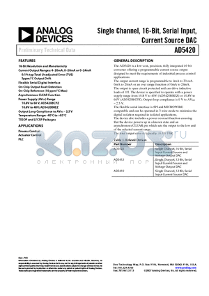 AD5420 datasheet - Single Channel, 16-Bit, Serial Input, Current Source DAC