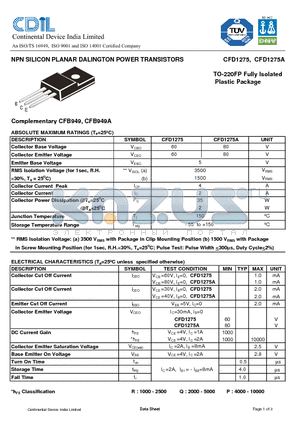 CFD1275AQ datasheet - NPN SILICON PLANAR DALINGTON POWER TRANSISTORS