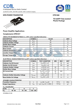 CFD1408O datasheet - NPN POWER TRANSISTOR