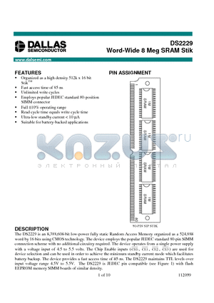 DS2229 datasheet - Word-Wide 8 Meg SRAM Stik