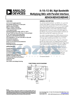 AD5424YCP datasheet - 8-/10-/12-Bit, High Bandwidth Multiplying DACs with Parallel Interface