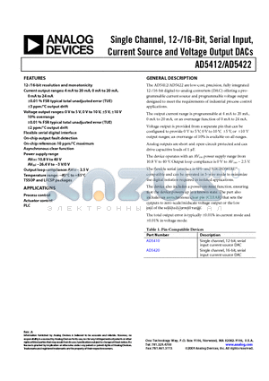 AD5422BREZ-REEL datasheet - Single Channel, 12-/16-Bit, Serial Input, Current Source and Voltage Output DACs
