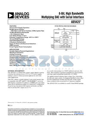 AD5425 datasheet - 8-Bit, High Bandwidth Multiplying DAC with Serial Interface