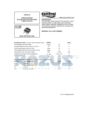 CSHD3-60_10 datasheet - SURFACE MOUNT SILICON SCHOTTKY RECTIFIER 3 AMP, 60 VOLTS