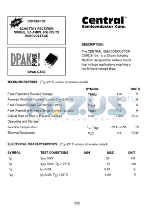 CSHD3-100 datasheet - SCHOTTKY RECTIFIER SINGLE, 3.0 AMPS, 100 VOLTS HIGH VOLTAGE