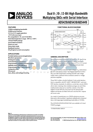 AD5439YRU datasheet - Dual 8-,10-,12-Bit High Bandwidth Multiplying DACs with Serial Interface