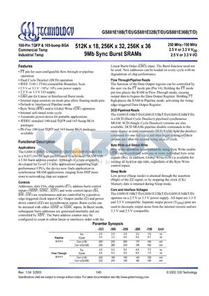 GS881E36BGD-250I datasheet - 512K x 18, 256K x 32, 256K x 36 9Mb Sync Burst SRAMs