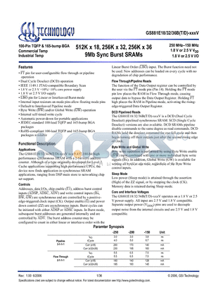 GS881E36BGT-250IV datasheet - 512K x 18, 256K x 32, 256K x 36 9Mb Sync Burst SRAMs