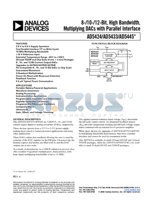 AD5445 datasheet - 8-/10-/12-Bit, High Bandwidth, Multiplying DACs with Parallel Interface