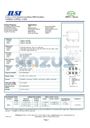 ISM73-63A3K2-155.520 datasheet - 5 mm x 7 mm Ceramic Low Noise SMD Oscillator, LVCMOS / LVPECL / LVDS