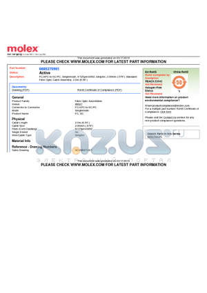 885270901 datasheet - FC/APC-to-SC/PC, Singlemode, 9/125lm/G652, Simplex, 2.00mm (.079), Standard Fiber Optic Cable Assembly, 2.0m (6.56)