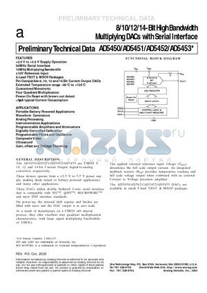 AD5453 datasheet - 8/10/12/14-Bit High Bandwidth Multiplying DACs with Serial Interface