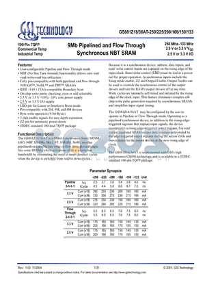 GS881Z18AT-133 datasheet - 9Mb Pipelined and Flow Through Synchronous NBT SRAM