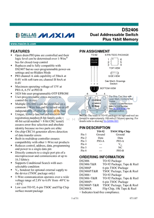 DS2406/R datasheet - Dual Addressable Switch Plus 1kbit Memory