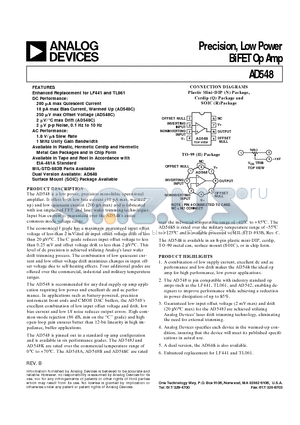 AD548AH datasheet - Precision, Low Power BiFET Op Amp