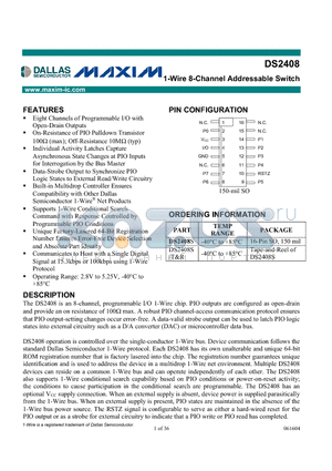 DS2408S/T datasheet - 1-Wire 8-Channel Addressable Switch