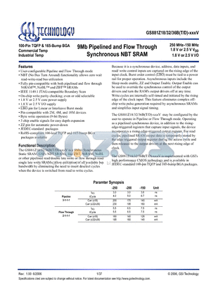 GS881Z18BD-150IV datasheet - 9Mb Pipelined and Flow Through Synchronous NBT SRAM
