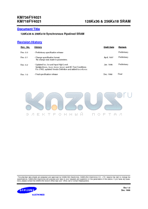 KM718FV4021 datasheet - 128Kx36 & 256Kx18 Synchronous Pipelined SRAM