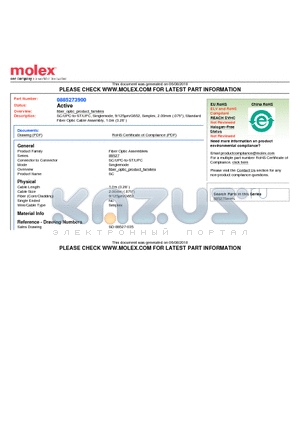 885273900 datasheet - SC/UPC-to-ST/UPC, Singlemode, 9/125lm/G652, Simplex, 2.00mm (.079), Standard Fiber Optic Cable Assembly, 1.0m (3.28)