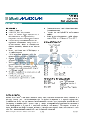 DS2423X datasheet - 4kbit 1-Wire RAM with Counter
