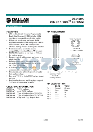 DS2430AT datasheet - 256-Bit 1-Wire EEPROM