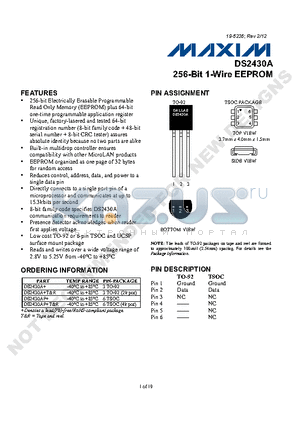 DS2430AP+ datasheet - 256-Bit 1-Wire EEPROM