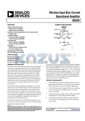 AD549KH datasheet - Ultralow Input Bias Current Operational Amplifier