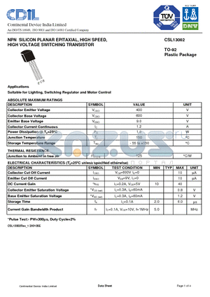 CSL13002 datasheet - NPN SILICON PLANAR EPITAXIAL, HIGH SPEED, HIGH VOLTAGE SWITCHING TRANSISTOR