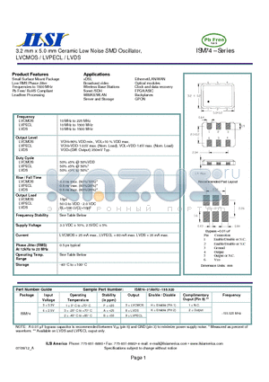 ISM74-33B9K2-155.520 datasheet - 3.2 mm x 5.0 mm Ceramic Low Noise SMD Oscillator, LVCMOS / LVPECL / LVDS