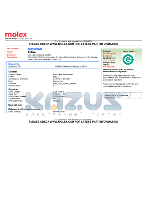 885278800 datasheet - ST/UPC-to-ST/UPC, Singlemode, 9/125lm/G655, Simplex, 3.00mm (.118), Standard Fiber Optic Cable Assembly, 1.0m (3.28)