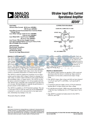 AD549S datasheet - Ultralow Input Bias Current Operational Amplifier