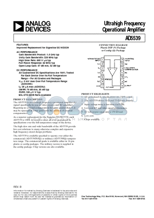 AD5539SQ datasheet - Ultrahigh Frequency Operational Amplifier