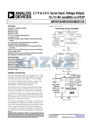 AD5541A datasheet - 2.7 V to 5.5 V, Serial-Input, Voltage-Output, 16-/12-Bit nanoDACs in LFCSP