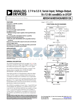 AD5542AACPZ datasheet - 2.7 V to 5.5 V, Serial-Input, Voltage-Output, 16-/12-Bit nanoDACs in LFCSP