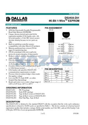 DS2433T-Z01 datasheet - 4K-Bit 1-Wire EEPROM