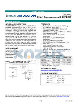 DS2460S+ datasheet - SHA-1 Coprocessor with EEPROM