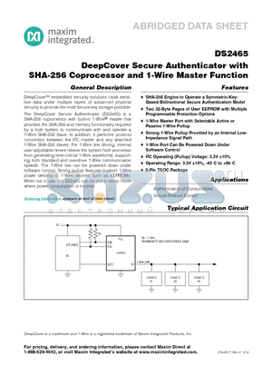 DS2465 datasheet - DeepCover Secure Authenticator with SHA-256 Coprocessor and 1-Wire Master Function