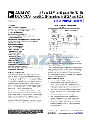 AD5601 datasheet - 2.7 V to 5.5 V, <100 lA, 8-/10-/12-Bit nanoDAC