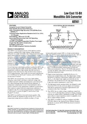 AD561JD datasheet - Low Cost 10-Bit Monolithic D/A Converter