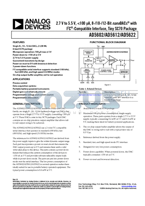 AD5612YKSZ-1REEL7 datasheet - 2.7 V to 5.5 V, <100 uA, 8-/10-/12-Bit nanoDACs with