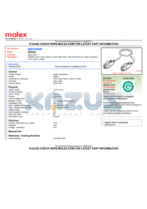 887632600 datasheet - 0.80mm (.031) and 2.00mm (.079) Pitch IEEE 1394 4-Pin-to-6-Pin Cable Assembly, 1.0m (3.28) Length